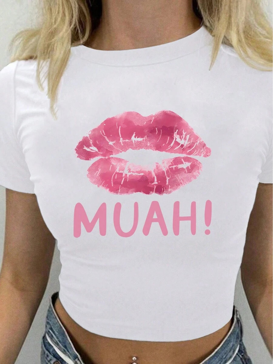 INAWLY Lip And Letters Printed Cropped T-Shirt | SHEIN