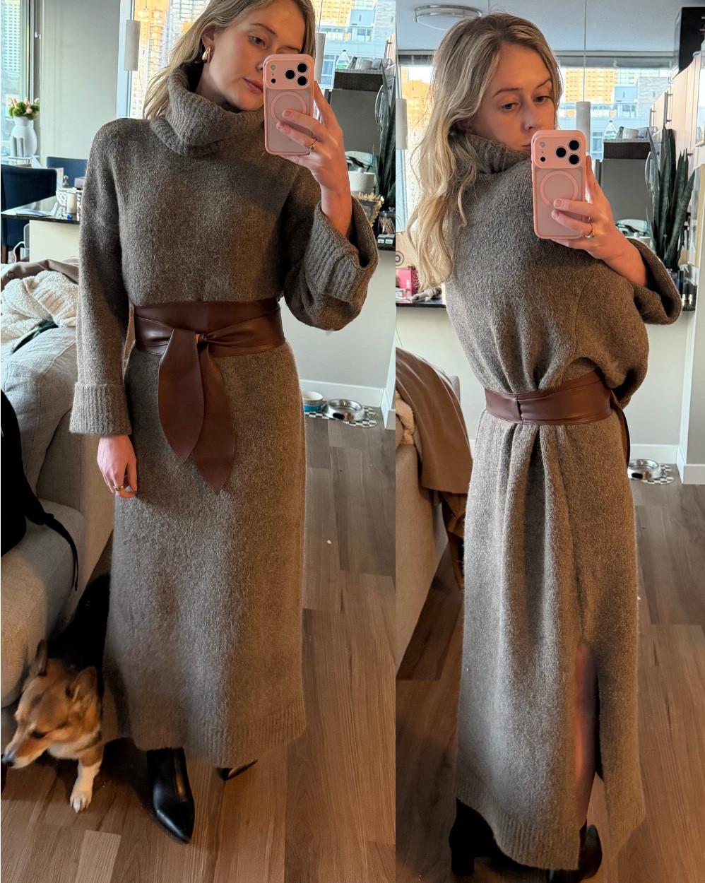What I wore to drinks with colleagues this week! The dress is like wearing a Snuggie but still looks cute! I’ve worn it with and without the belt. Def recommend sizing DOWN one. It is very oversized. I’m 5’5-5’6 and typically a size 26 and am in an XS. It is the coziest dress though and something you’ll wear on repeat. Soft, not scratchy, and I just love this little slit! 

Soft turtleneck dress 
Oversized sweater dress 
Oversized turtleneck sweater dress 

#LTKSeasonal