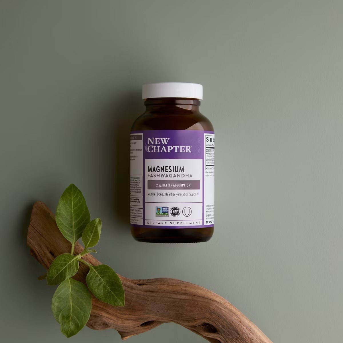 New Chapter Magnesium + Ashwagandha for Muscle & Relaxation Support, 325 mg with Magnesium Glycinate, Non-GMO Vegan Tablets - 30 ct