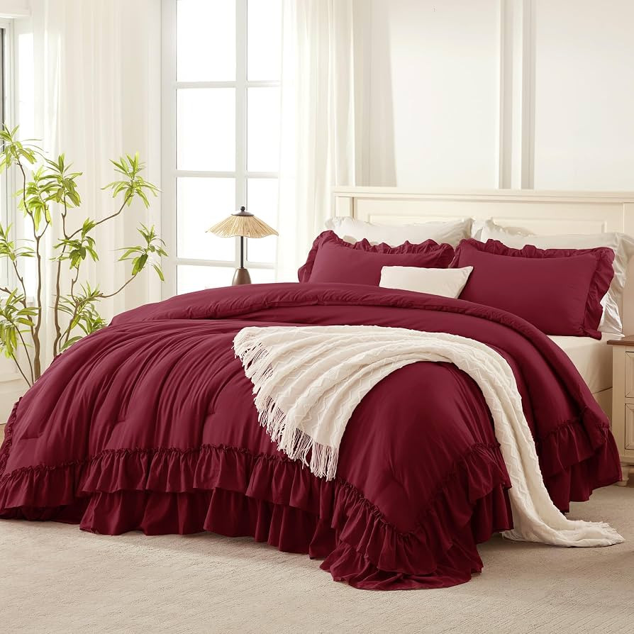 Andency Burgundy Ruffle Comforter Full Set, 3pcs Vintage Farmhouse Shabby Chic Bedding Comforter ... | Amazon (US)