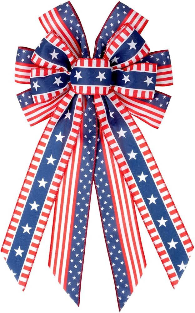 YKW Large Patriotic Bow for Wreaths, American Flag Stars and Stripes Bow with Wired Edge, 4th of ... | Amazon (US)