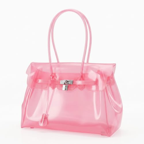 Jelly Tote Bag Transparent TPU Summer Beach Bag Shoulder Purse Waterproof Fashion Candy Color Handbag Spacious Pool Bag for Travel Commute, Pink | Amazon (US)