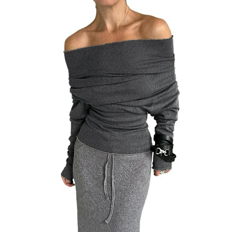 Women's Off Shoulder Long Sleeve Top, Drape Neck Pullover Shirt, Slim Fit Commuter Style Tee, Min... | Walmart (US)