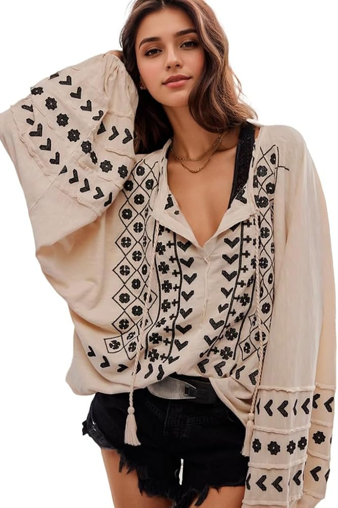 Womens V Neck Embroidered Tops Flowy Babydoll Tops Long Sleeve Boho Peasant Blouses Mexican Shirt | Amazon (US)
