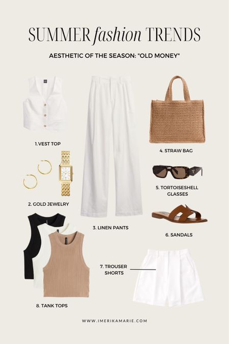 summer fashion trends. summer outfit. vest top. old money outfit. sophia richie outfit. white pants. straw bag. gold watch. white shorts. tank top.

#LTKunder50 #LTKstyletip #LTKunder100