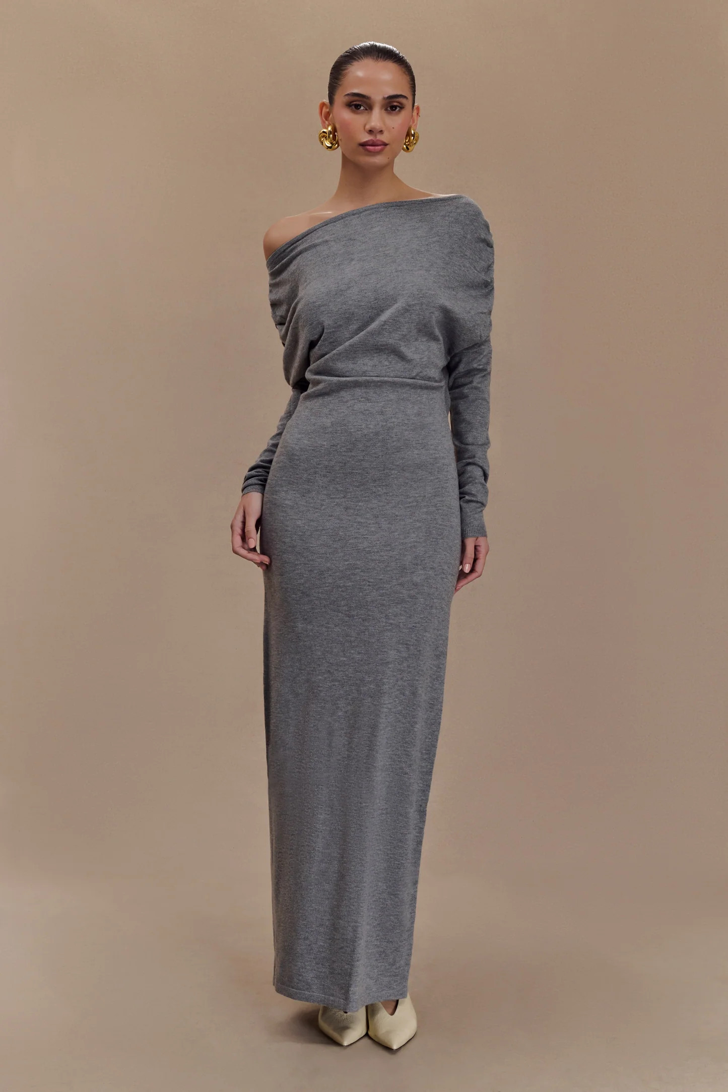 Jessie Cowl Neck Knit Midi Dress - Charcoal Marle | MESHKI US