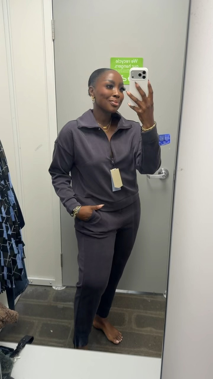 Wearing a L in this loungewear set from Walmart. The scuba knit material is soooo soft. Pants are tapered at the ankle.