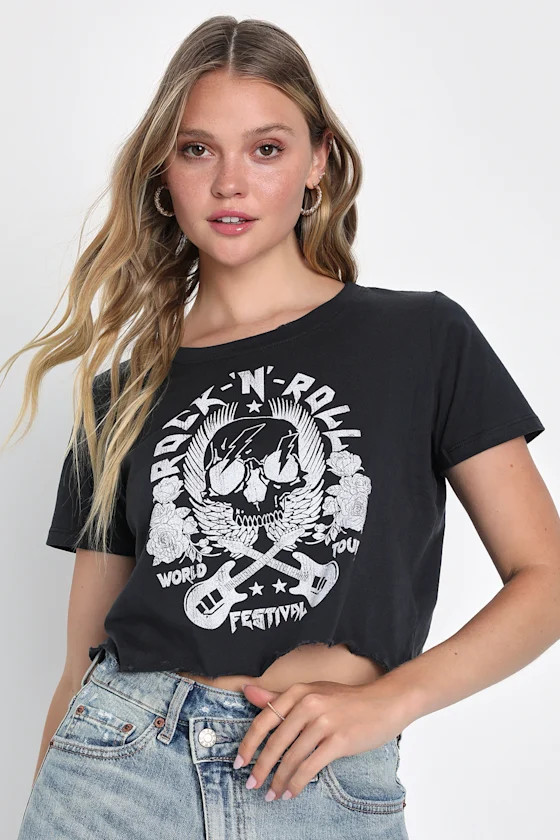Rock 'N' Roll Black Distressed Cropped Graphic Tee | Lulus (US)