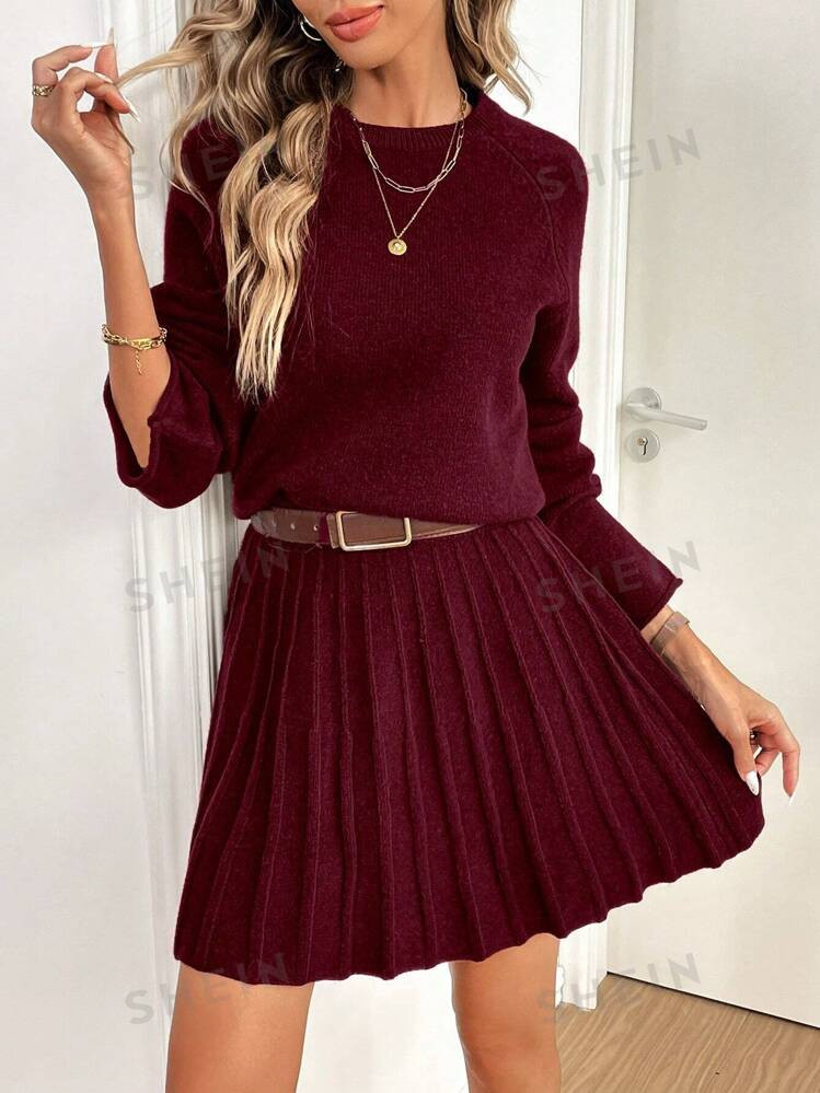 SHEIN Frenchy 2pcs College Style Women's Plain Round Neck Long Sleeve Sweater And Pleated Knitted... | SHEIN