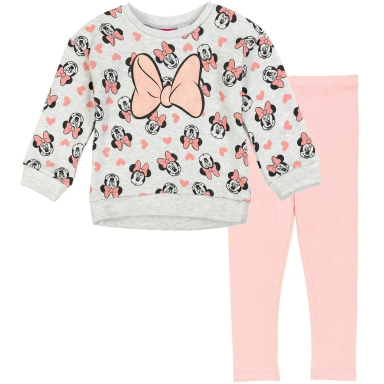Disney Minnie Mouse Little Girls Pullover Fleece Sweatshirt and Leggings Outfit Set | Walmart (US)