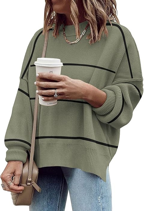 Womens Oversized Sweaters Fall Fashion Side Slit Ribbed Pullover Sweater | Amazon (US)