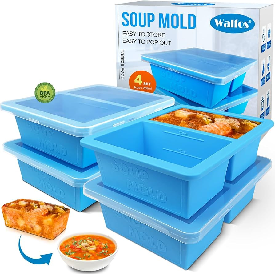 Walfos 1-Cup Silicone Freezer Molds with Lid, 4 Packs Soup Freezer Ice Cube Tray For Food, Silico... | Amazon (US)