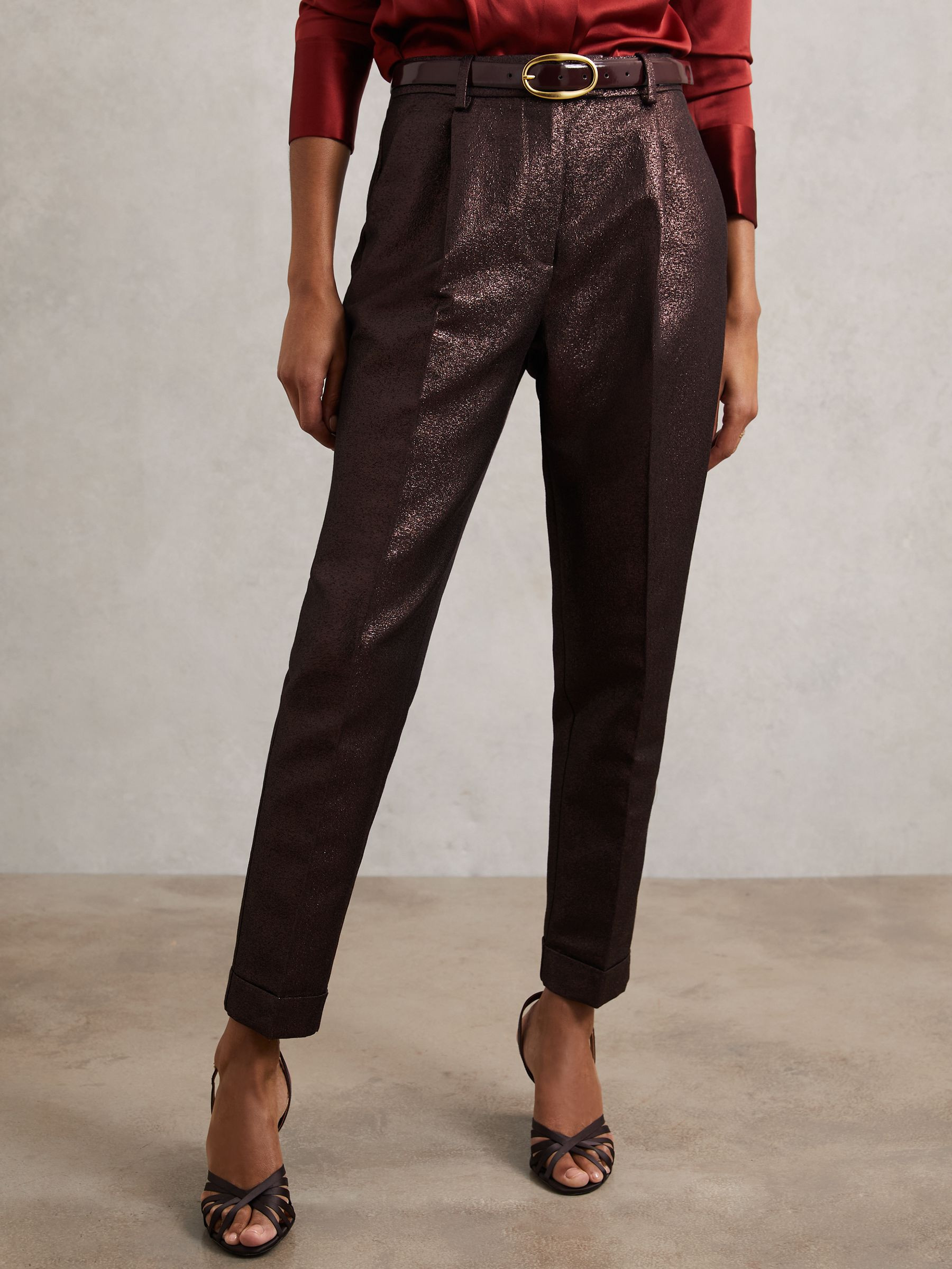 Reiss Petite Tapered Metallic Suit Trousers with Cotton in Burgundy | REISS | Reiss US