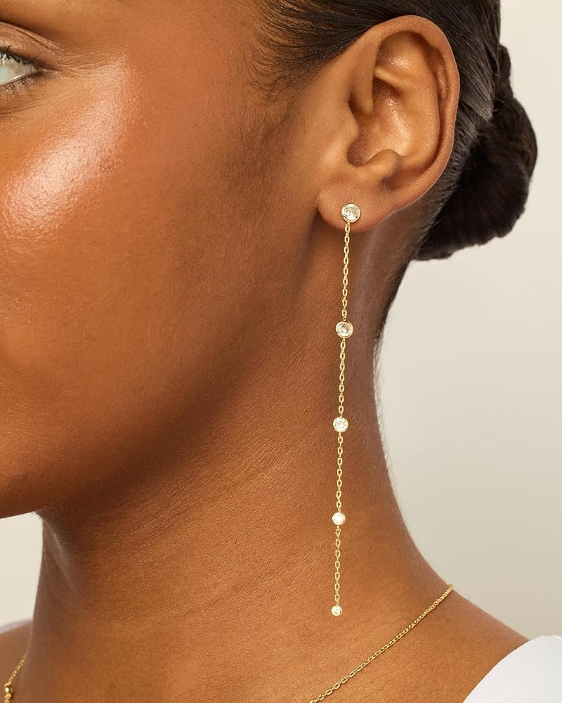 Amazon.com: PAVOI 14K Yellow Gold Plated 925 Sterling Silver Posts Station Linear Dangle Earrings... | Amazon (US)