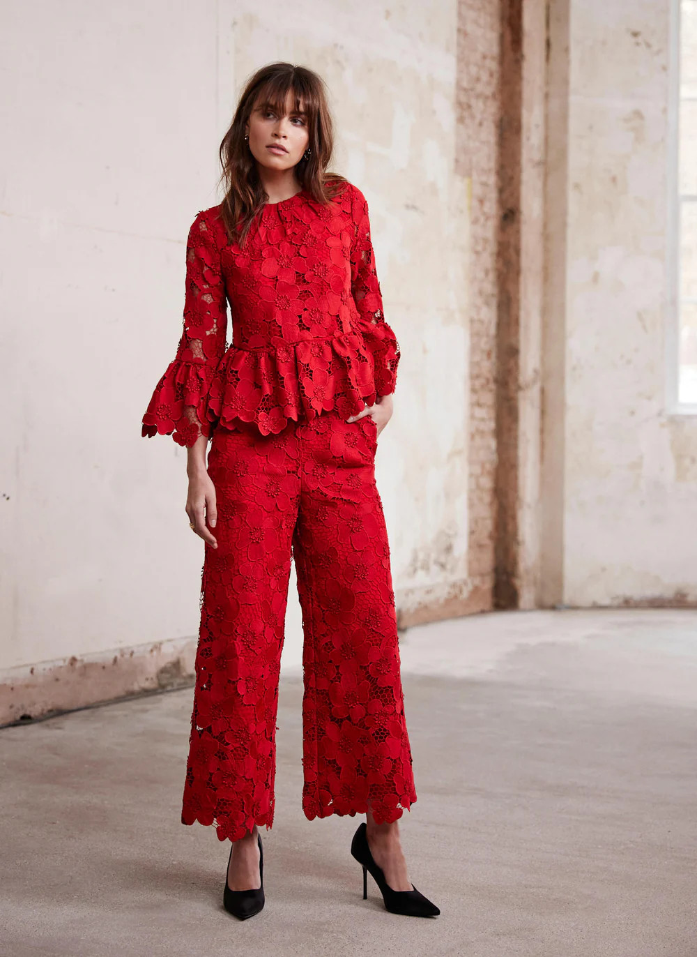 Red Lace Applique Cropped Trousers | Mint Velvet - US