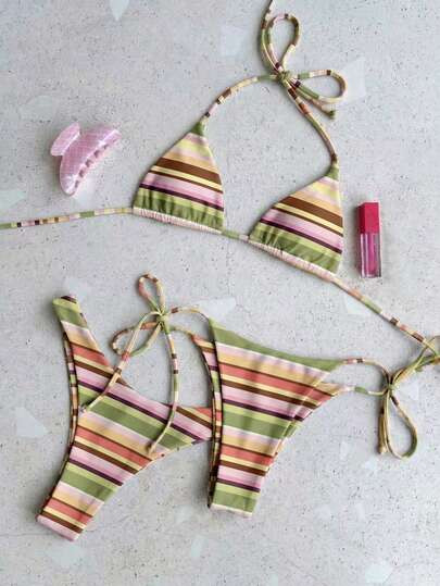 Women's Summer Casual Blue & Brown Striped Print Camisole Two Pieces Tie-Front Bikini Swimsuit, W... | SHEIN