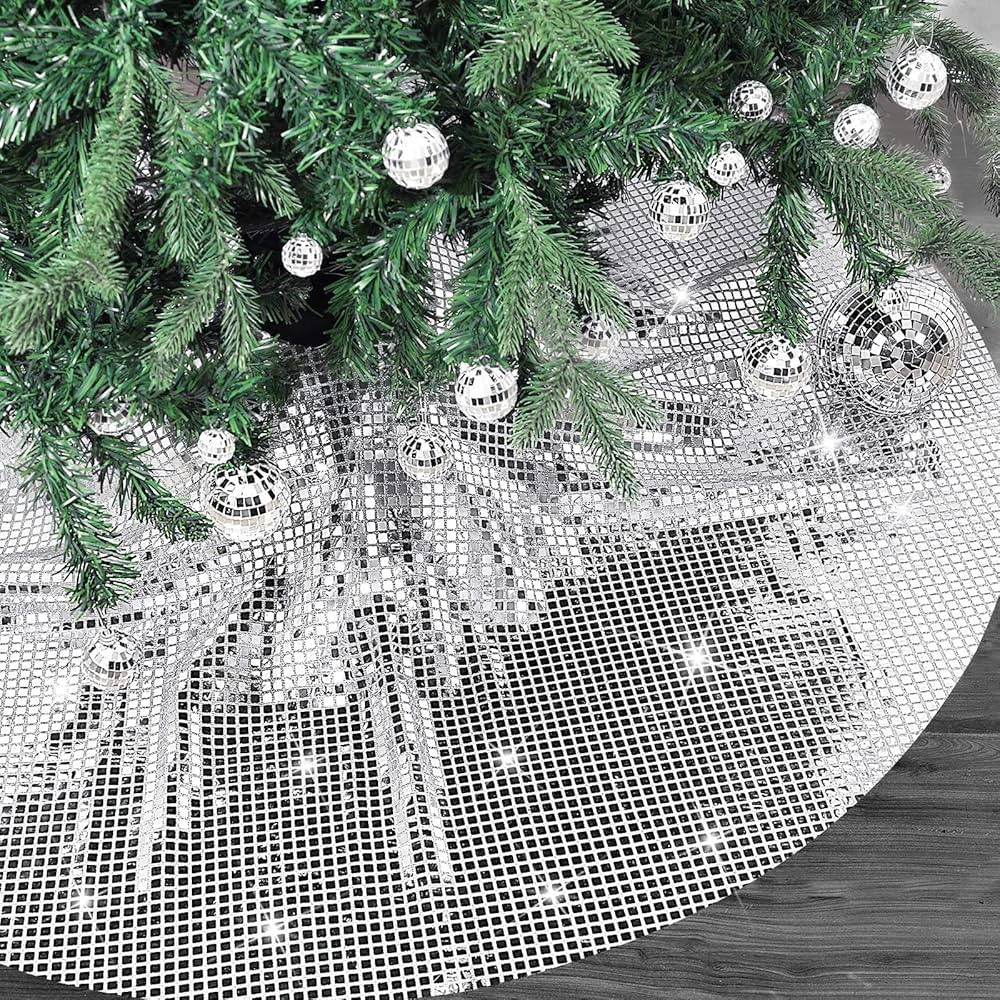 Boao 48 Inch Christmas Tree Skirt Disco Tree Skirt Xmas Round Silver Tree Decoration Skirts Tree ... | Amazon (US)