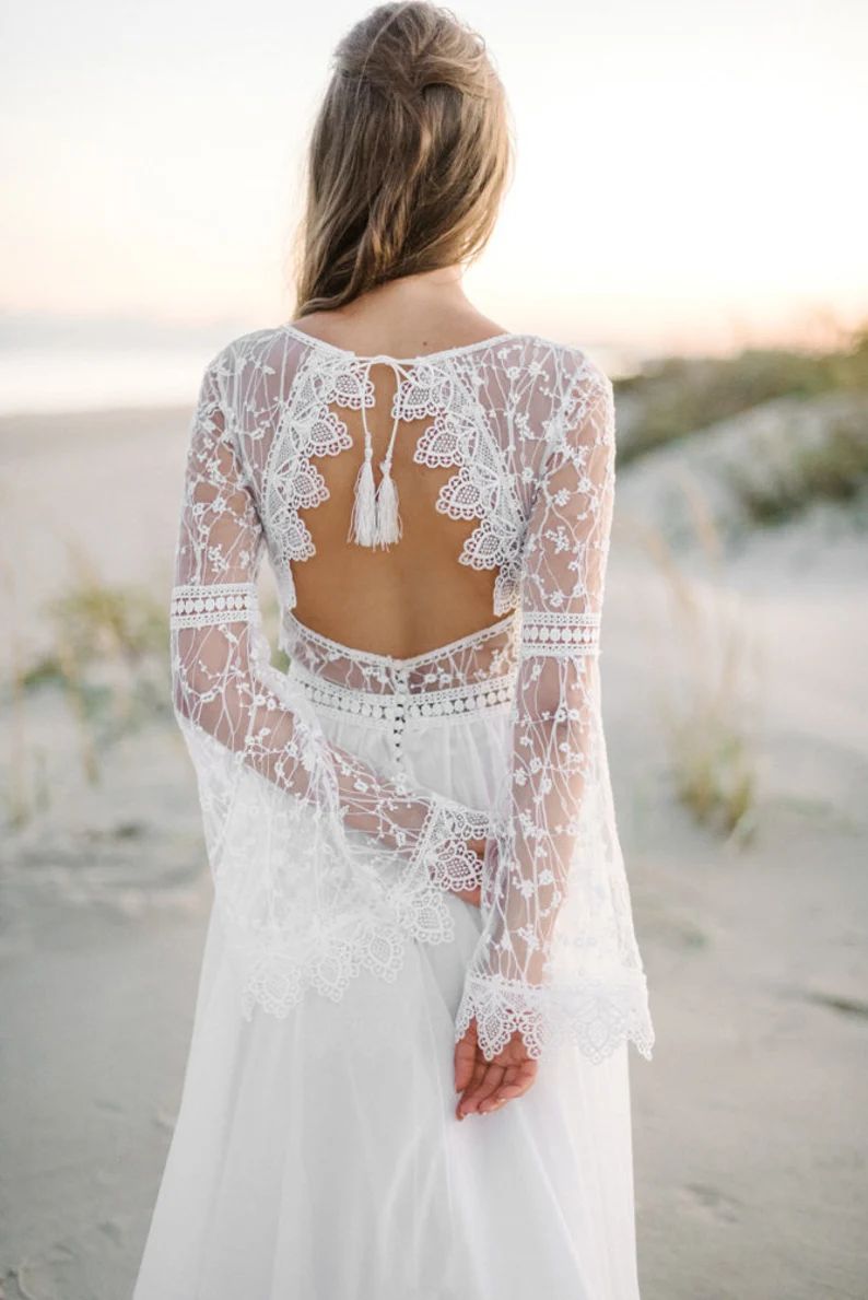 Amazing Long Sleeve bohemian wedding dress, boho wedding dress, lace wedding dress, backless wedd... | Etsy (US)