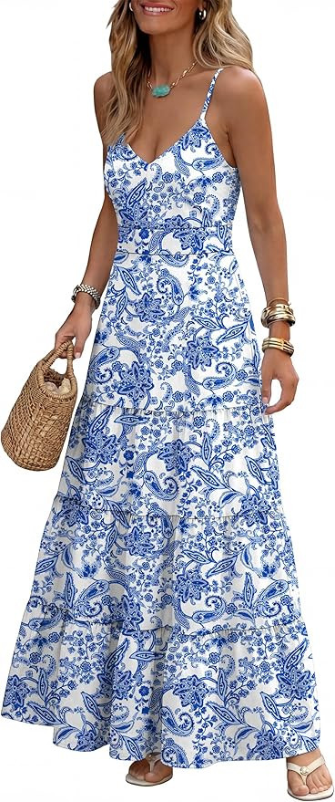 Caracilia Summer Maxi Dresses for Women Spaghetti Strap Back Smocked A Line V Neck Casual Long Dr... | Amazon (US)