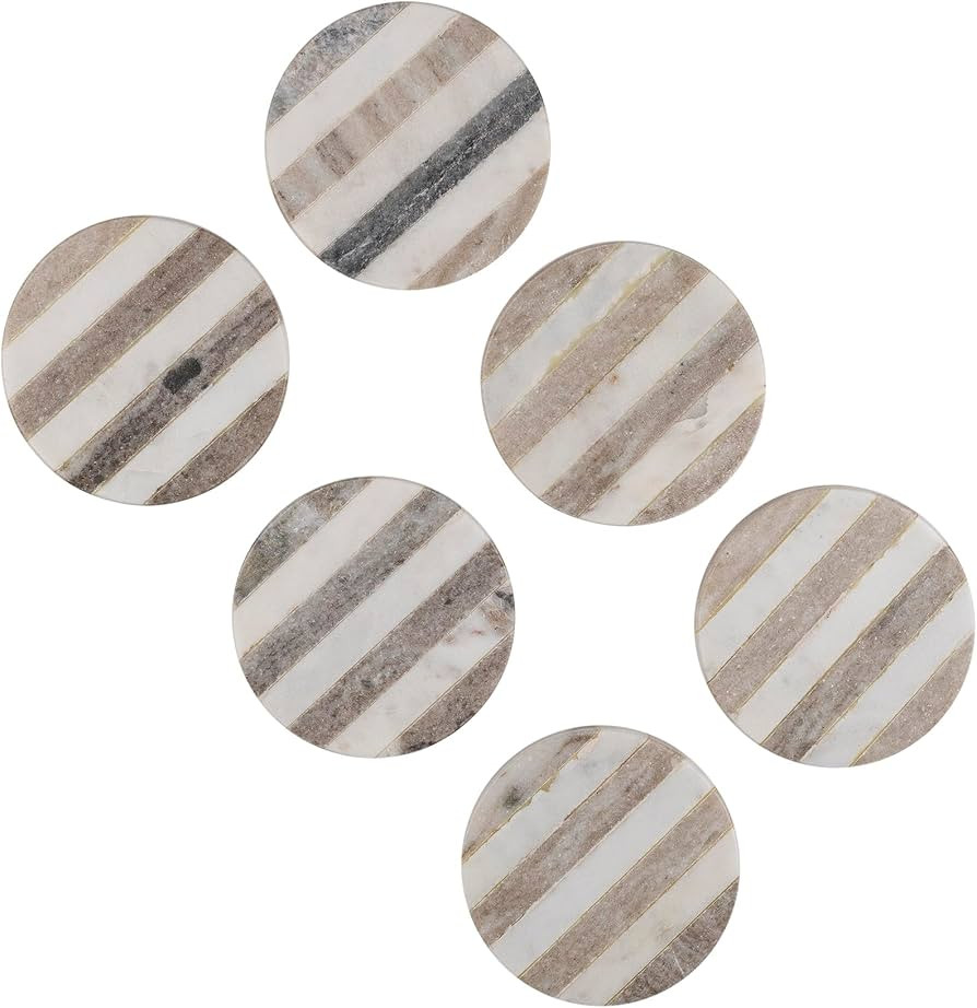 GoCraft Handcrafted Marble Round Coasters with Striped Inlay - Set of 6 White & Grey Marble Coast... | Amazon (US)