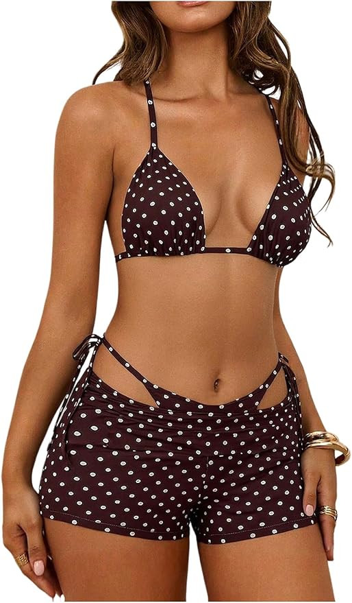 SHENHE Women's 3 Piece Summer Beach Bikini Set Sexy Halter Holiday Swimsuit Shorts Coverups | Amazon (US)