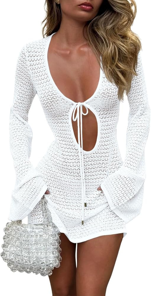 Saodimallsu Womens Crochet Swimsuit Cover Up Long Bell Sleeve V Neck Tie Mesh Knit Summer Beach D... | Amazon (US)