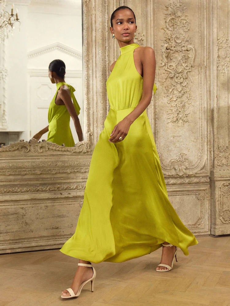 Lime Green Textured Satin Halter Sleeveless Midi Dress | Next US