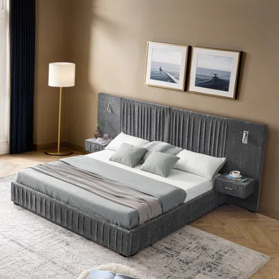 King Size Chenille Upholstered Bed with Pleated Headboard, Solid Wood Platform Bed with Side Table, No Box Spring Needed, Beige | Wayfair North America
