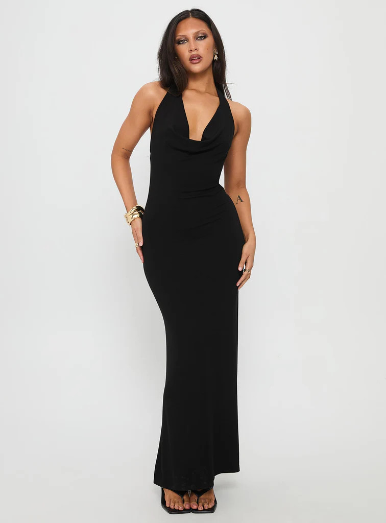 Diamonde Halter Scarf Maxi Dress Black | Princess Polly US