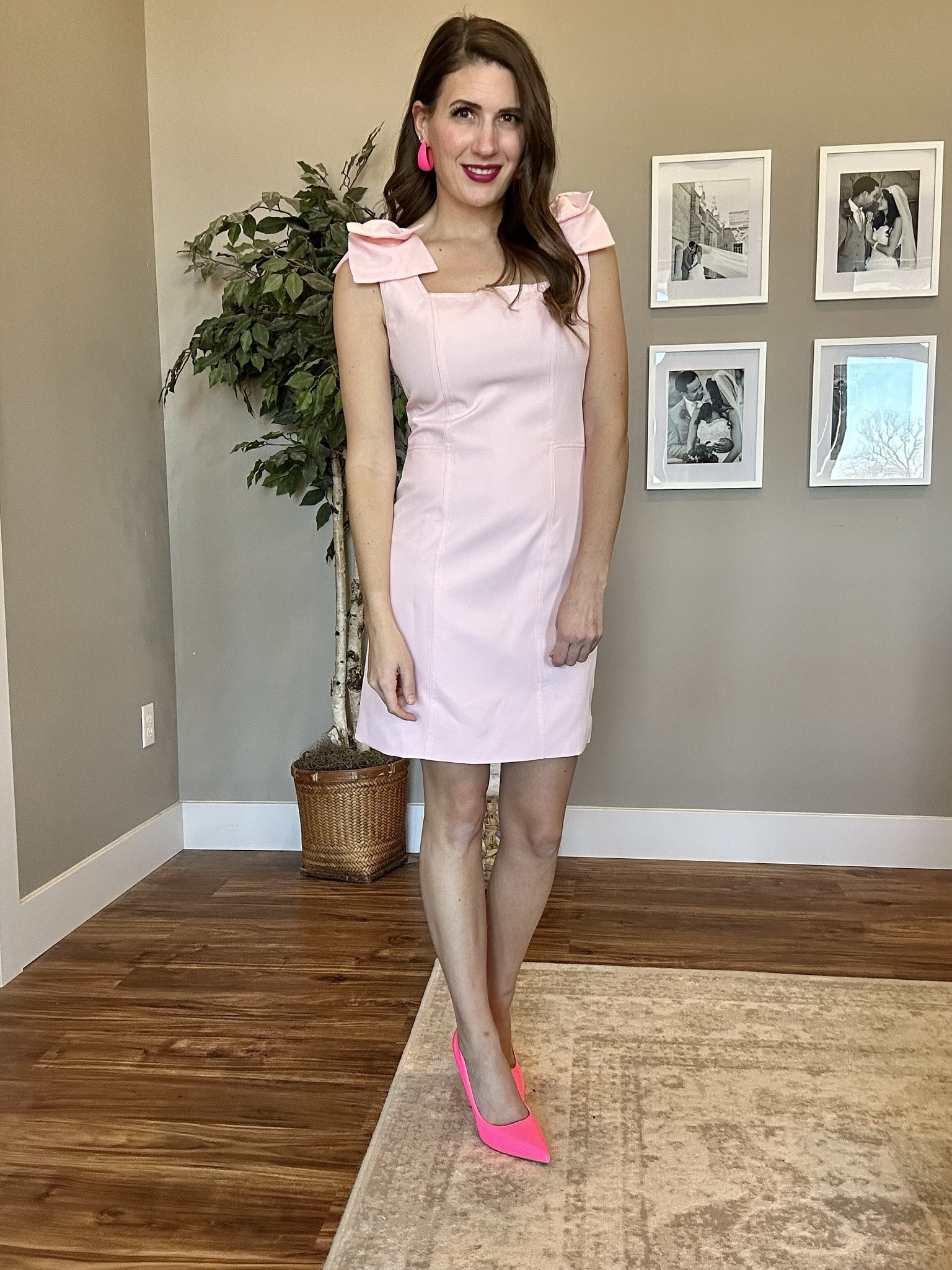 Light pink dress with bows on shoulder straps with hot pink heels and earrings!

Valentines outfit, date night outfit, pink outfit, wedding guest outfit  

#LTKfindsunder50 #LTKSeasonal #LTKwedding