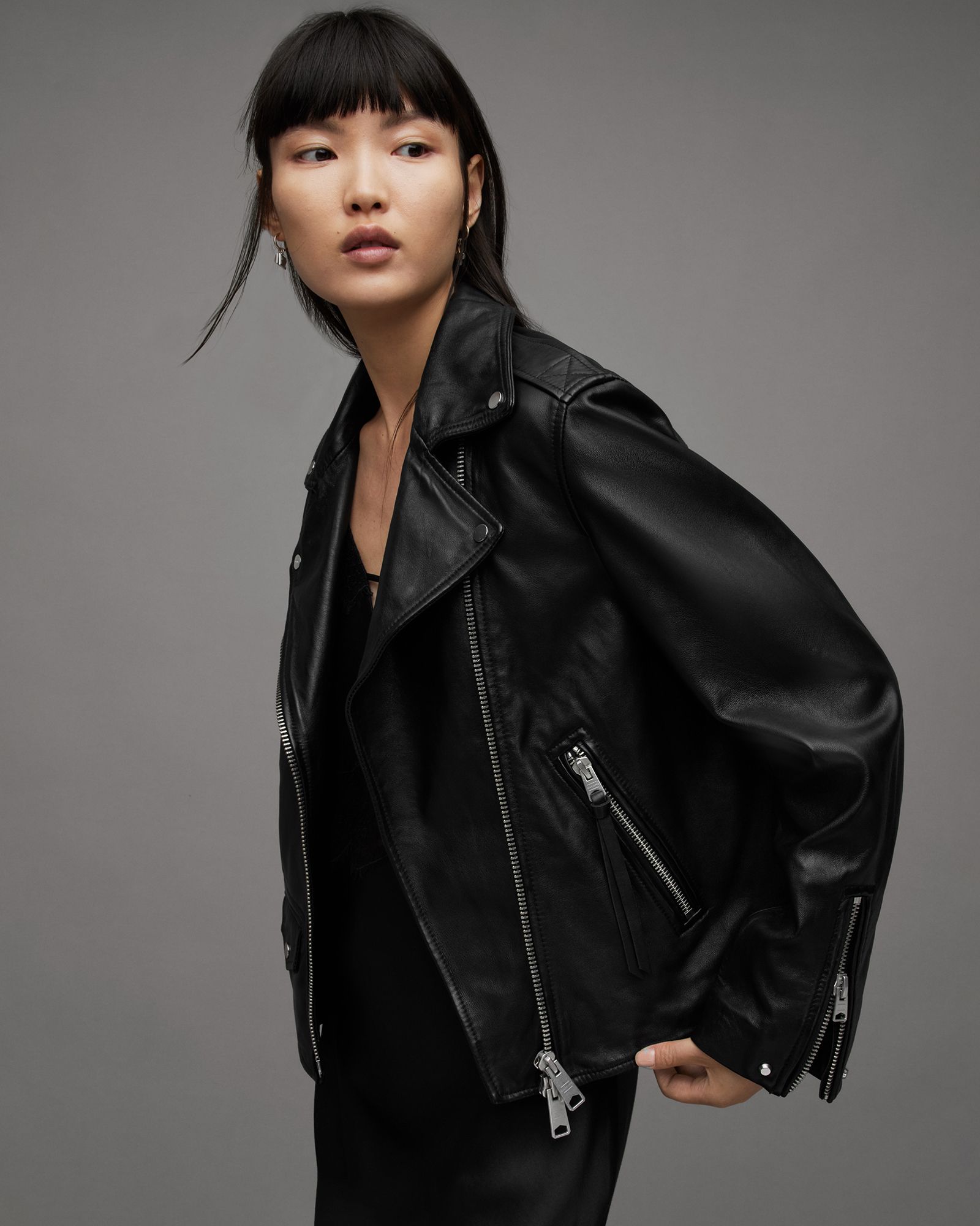 Lyra Regular Fit Leather Biker Jacket Black | ALLSAINTS | AllSaints UK