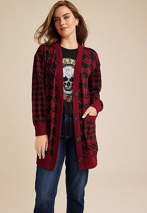 Red Houndstooth Mixer Cardigan | Maurices