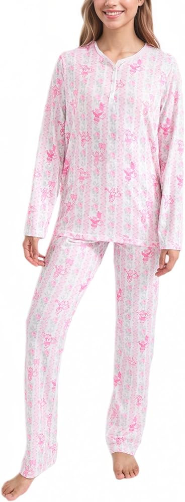 Womens Henley Pajamas Set 2 Piece Long Sleeve Monkey Print Lounge Sets Preppy Sleepwear Pjs for V... | Amazon (US)
