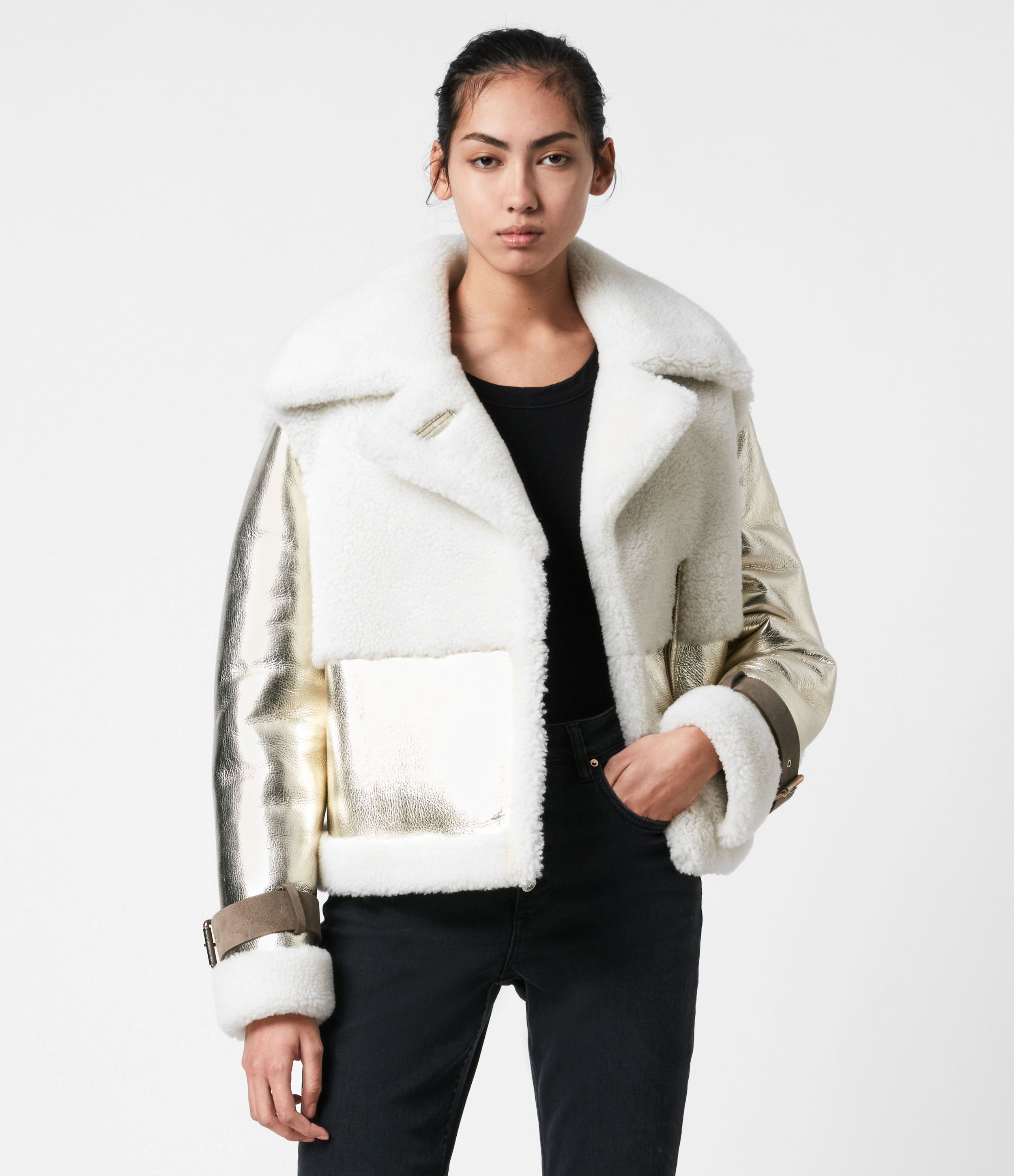 AllSaints Farley Metallic Shearling Jacket | AllSaints US