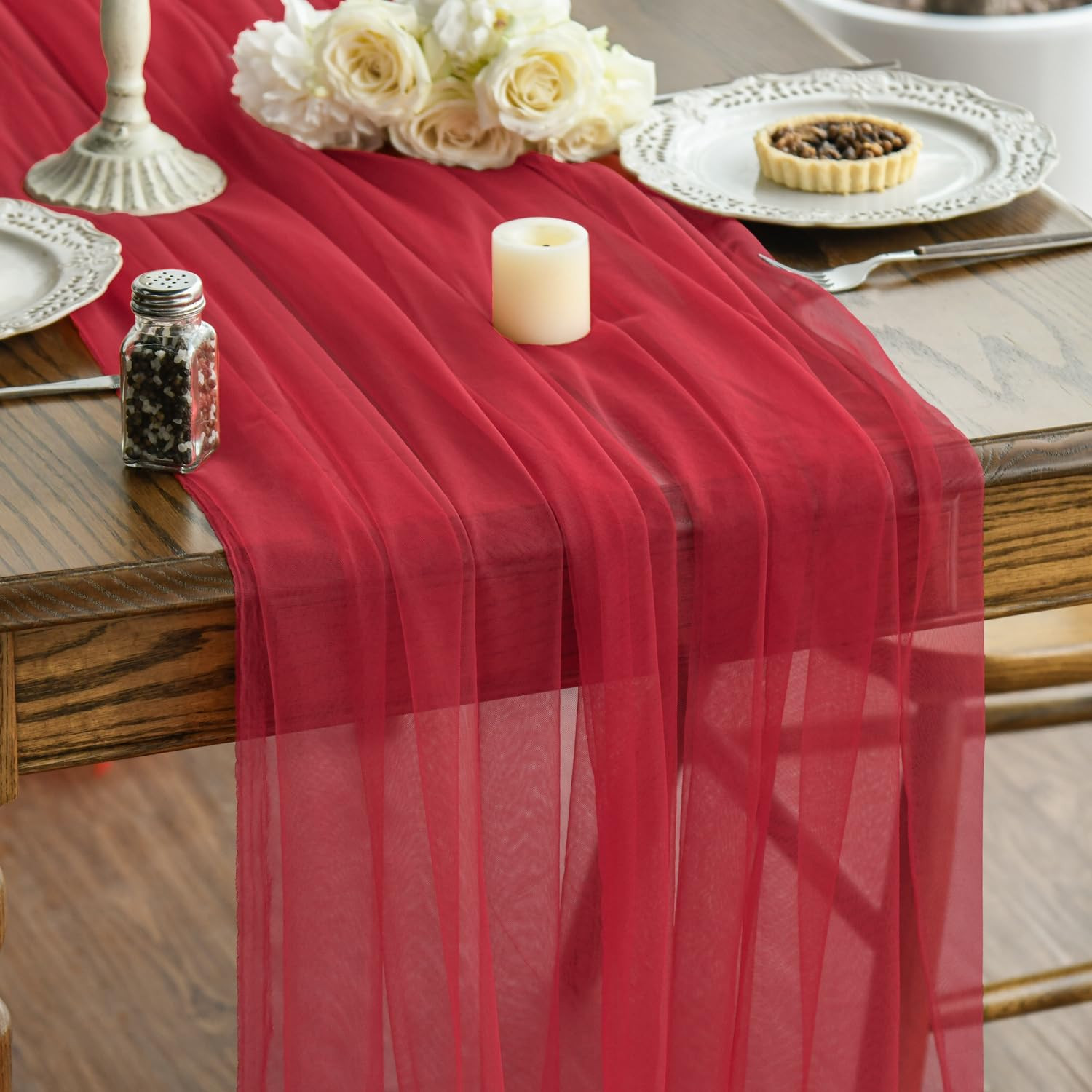 Artoid Mode Red Gauze Table Runner 120 Inch 10FT, Seasonal Sheer Kitchen Dining Holiday Wedding B... | Amazon (US)