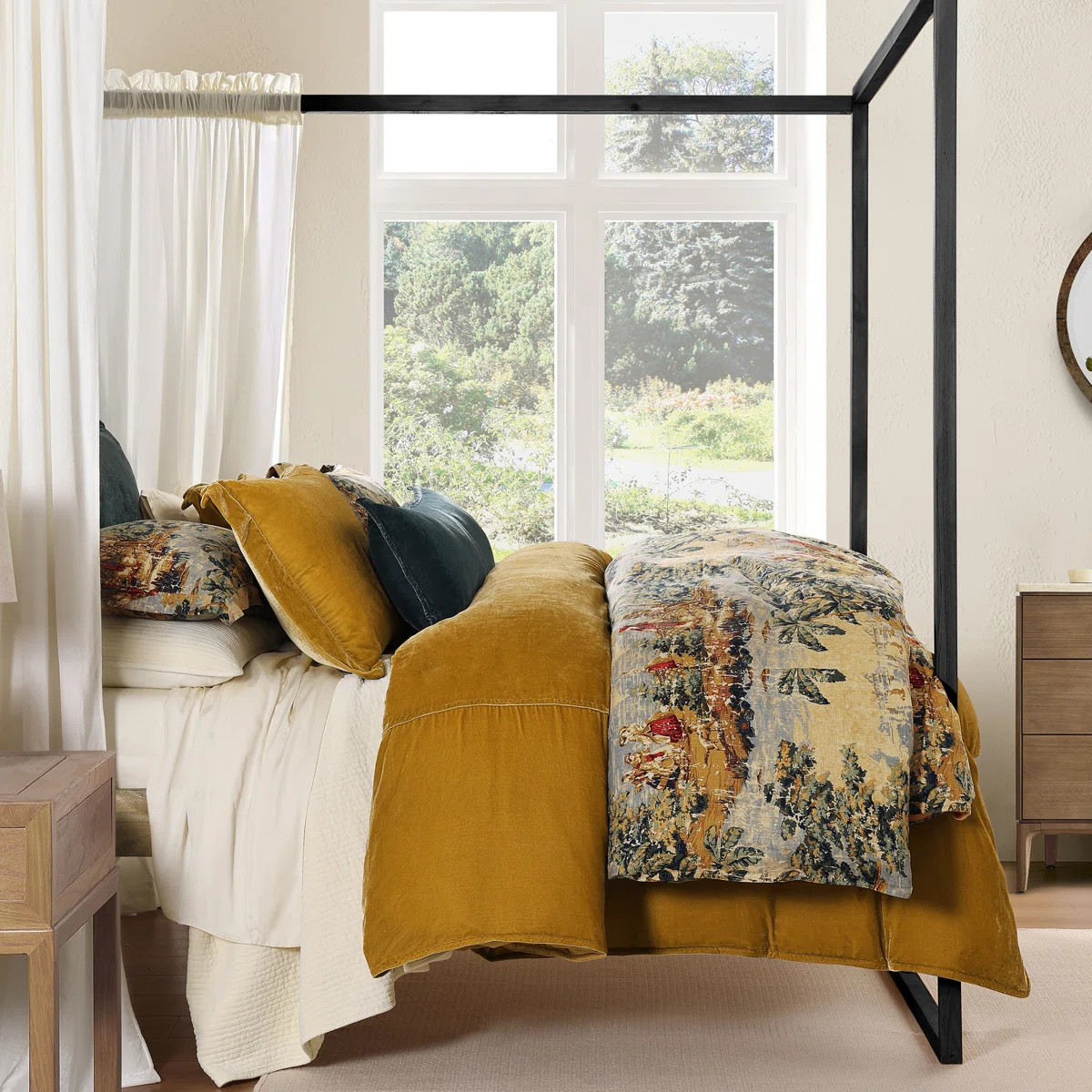 Provence Washed Linen Gold Yellow Victorian Print Shabby Elegance Comforter Set with Pillow Shams | Wayfair North America