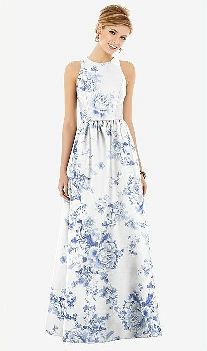 Sleeveless Closed-Back Floral Satin Maxi Dress with Pockets in Cottage Rose Larkspur | The Dessy Group