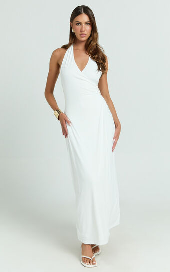 Roseville Maxi - Wrap Front Halter Dress with Hardware Detail in White | Showpo (US, UK & Europe)