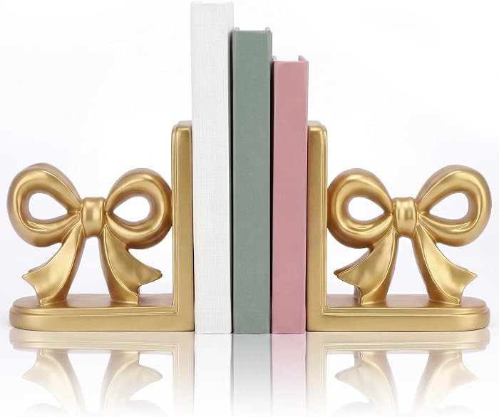 2 Pcs Gold Bow Bookends Cute Resin Bookends Heavy Duty Decorative Book Stand Decor Sculpture Stat... | Amazon (US)