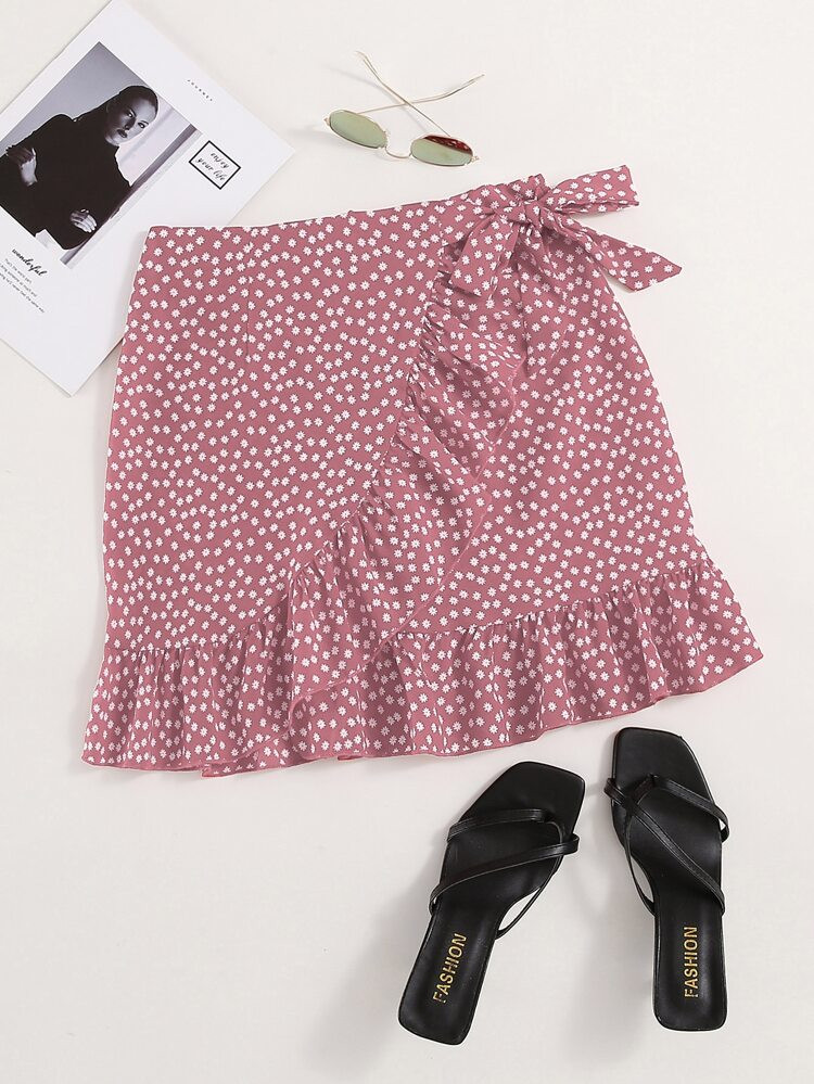 Ditsy Floral Ruffle Trim Wrap Knot Skirt | SHEIN