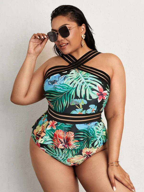 Plus Tropical Ruffle Trim One Piece Swimsuit | SHEIN