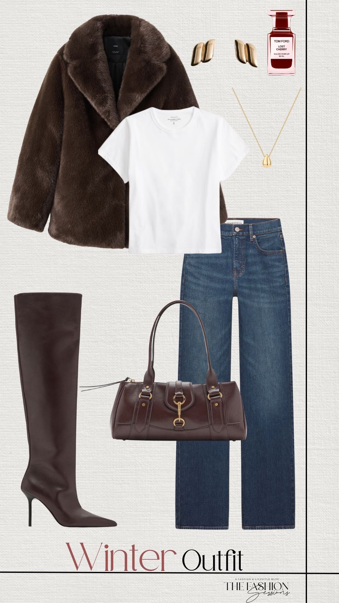 Winter Outfit | Faux Fur Coat | White T Shirt | Denim Jeans | Shoulder Bag | 