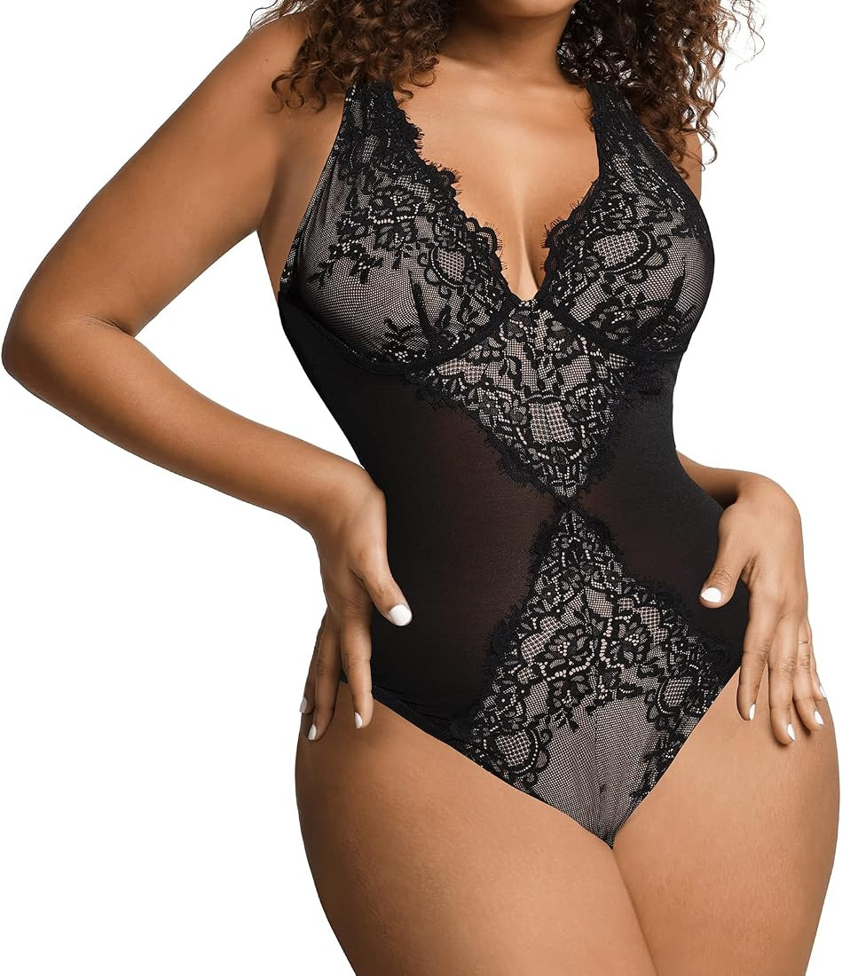 Popilush Lace Shapewear Bodysuit V Neck Tummy Control Backless Tank Tops Sleeveless Thong Bodysui... | Amazon (US)