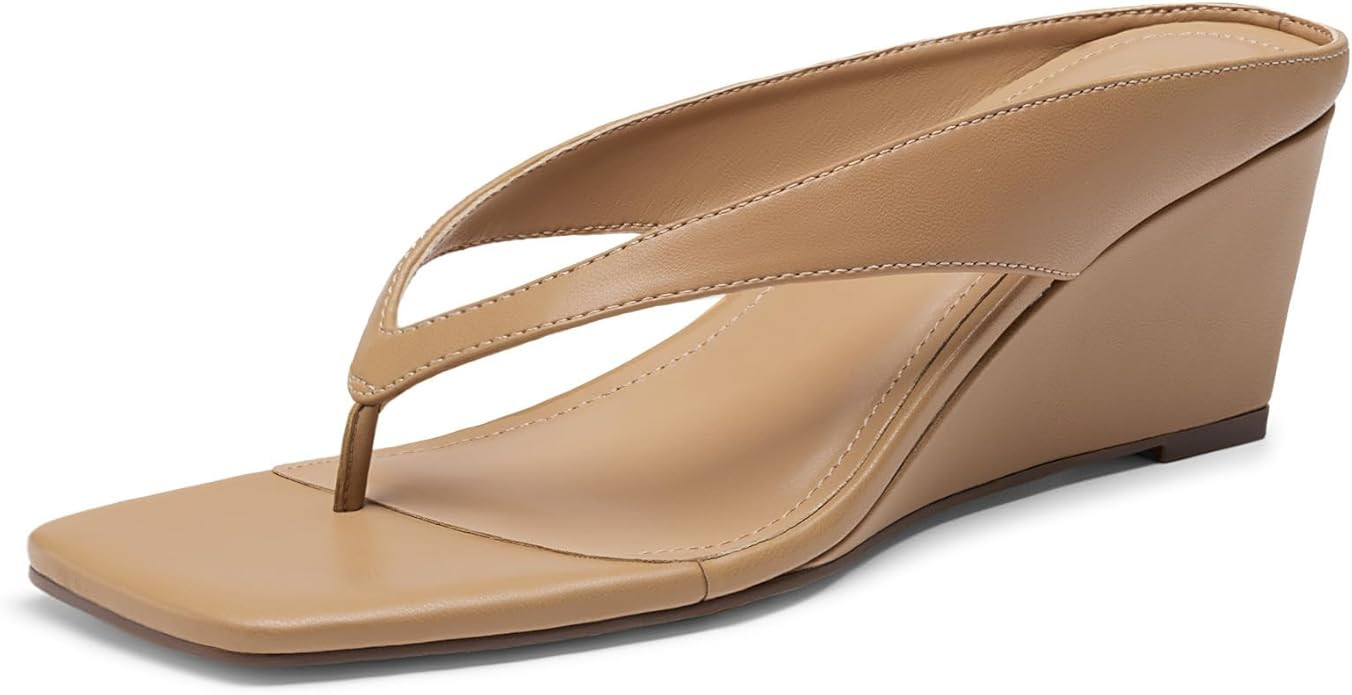 Athlefit Women's Low Wedge Sandals Trendy Dressy Square Open Toe Summer Beach Flip Flops Thong He... | Amazon (US)