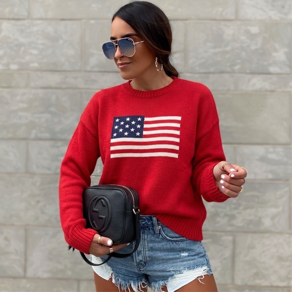 Elouise Cropped Flag Crewneck Sweater use code houseofsequins30 for 30% off
