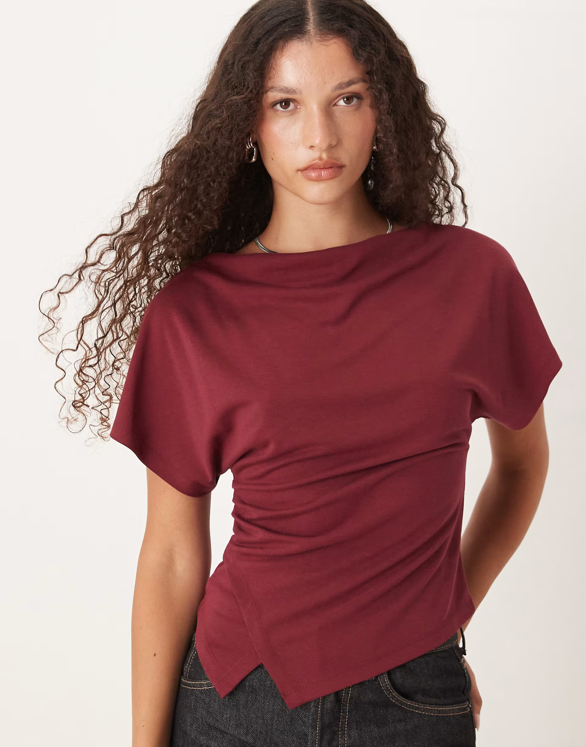 Gina Tricot asymmetric drapey top in burgundy | ASOS (Global)