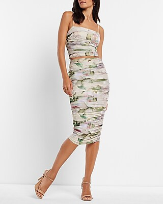 Body Contour Floral Mesh Ruched Midi Skirt With Built-In Shapewear | Express