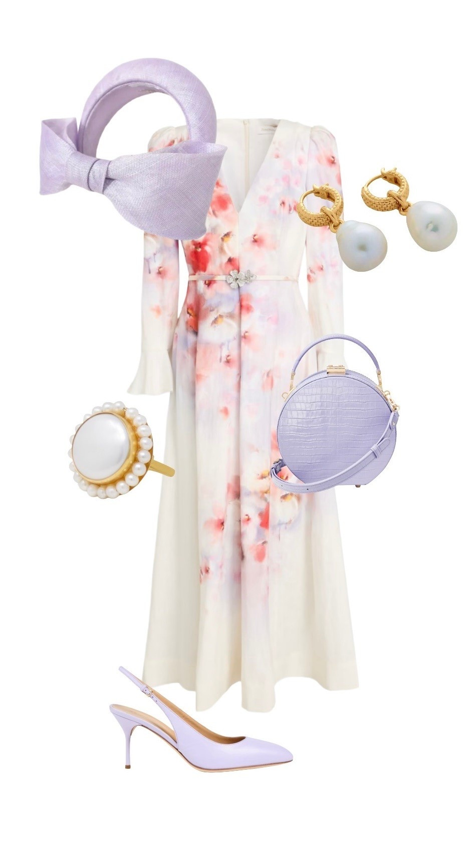 Dreamy look for a wedding guest or Royal Ascot attendee. 

Dress - Zimmerman

Lilac Croc Hat Box Bag - Aspinal of London

Pearl Gold Ring - Vintouch Italy

Lilac Fascinator - Etsy

Pearl Earrings - Monica Vinader

Lilac Heels - Sergio Rossi 

#LTKuk #LTKwedding #LTKdresses #LTKspring

#LTKluxury #LTKsummer #LTKeurope