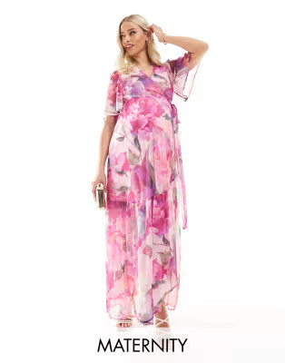Hope & Ivy Maternity ruffle wrap maxi dress in pink floral | ASOS | ASOS (Global)