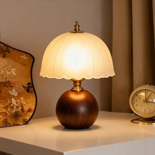 11.8“ Decorative Wooden Table Lamp with Frosted Glass Shade, Dimmable Bedside Nightstand Lamp w... | Amazon (US)